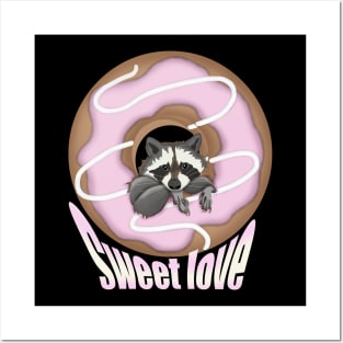 Sweet Love Cute raccoon and Yummy donut Pink Posters and Art